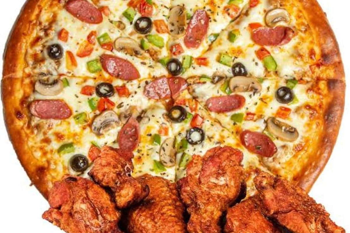 Small Two Toppings Pizza and 8 Wings