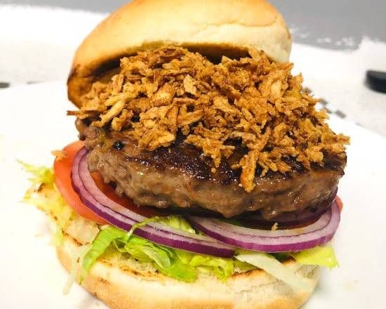 Crispy Onion Cheeseburger with fries