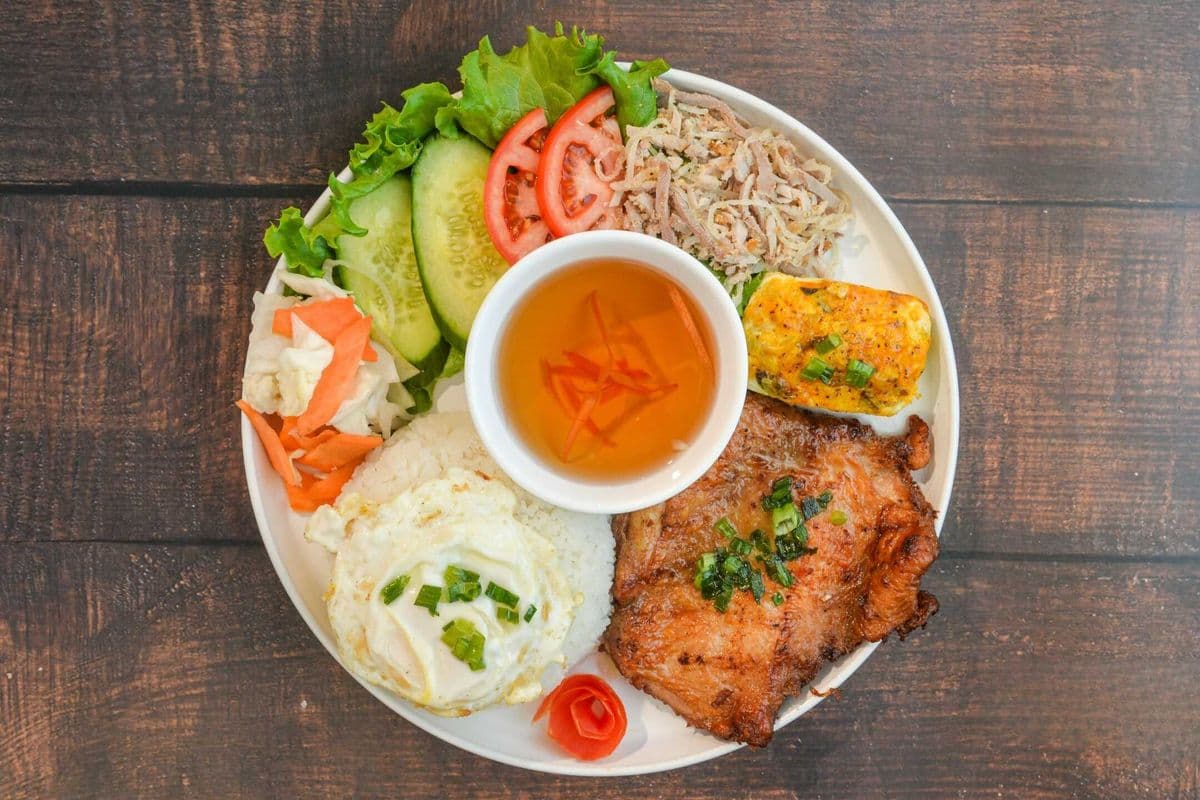49. Broken Rice with Grilled Chicken, Shredded Pork Skin, Egg Meat Loaf, and Fried Egg