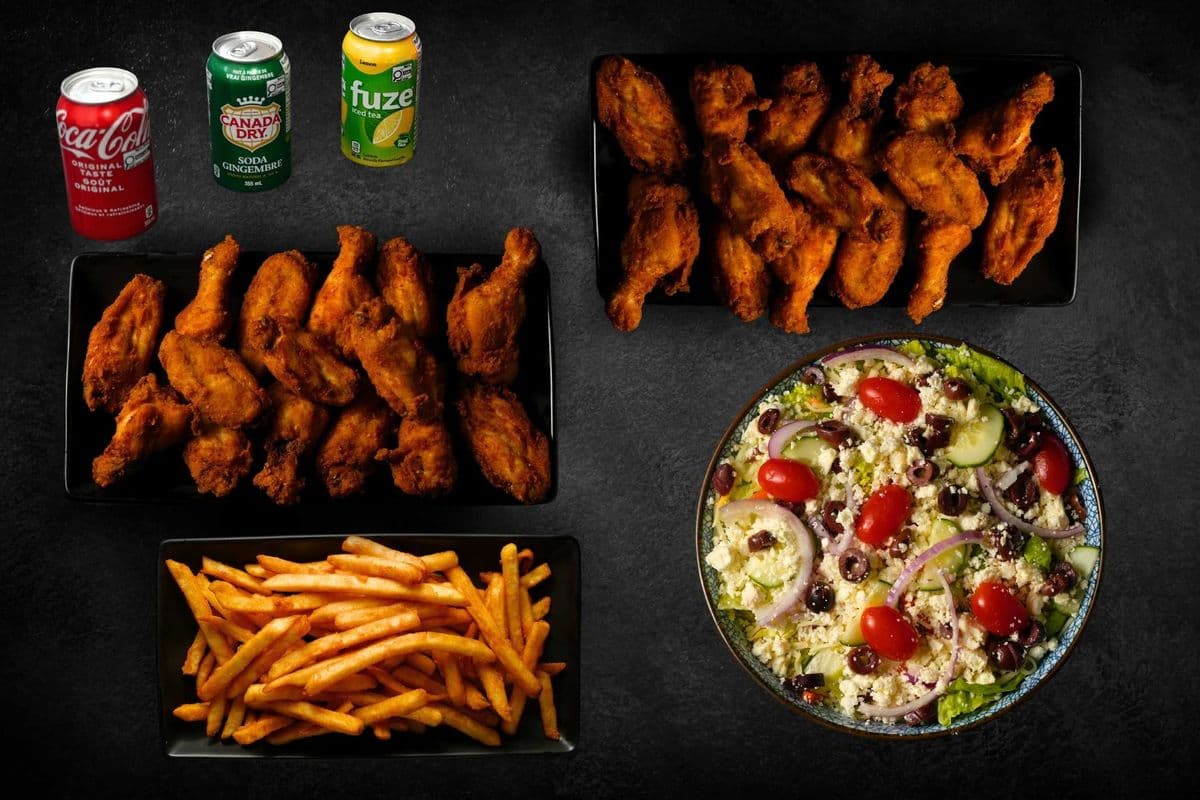 30 Wings, One Large Side, One Large Salad, and Three Pops