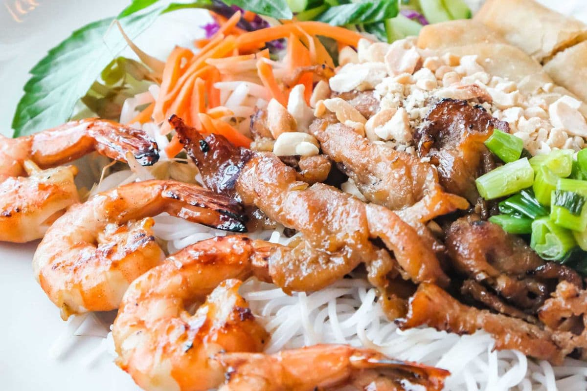 36A. Charbroiled Pork, Shrimp Skewers, and Spring Roll on Rice Vermicelli
