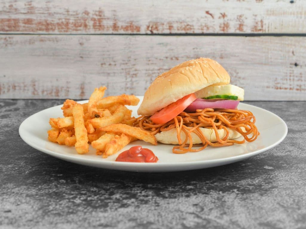 Aloo tikki Noodle Burger with Fries
