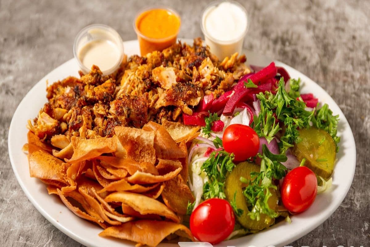 Shawarma, Salad, and Pita Chips Plate