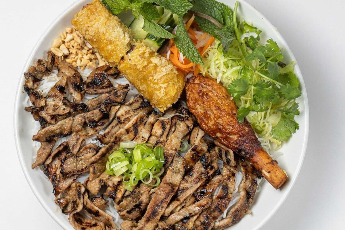 49. Grilled Pork, Spring Rolls & Shrimp on Sugarcane with Vermicelli Noodles