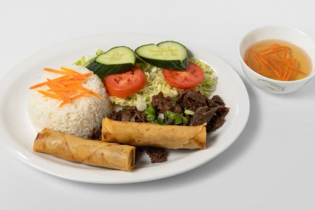 R11. Grilled Beef and Spring Roll (2 pcs) on Steamed Rice