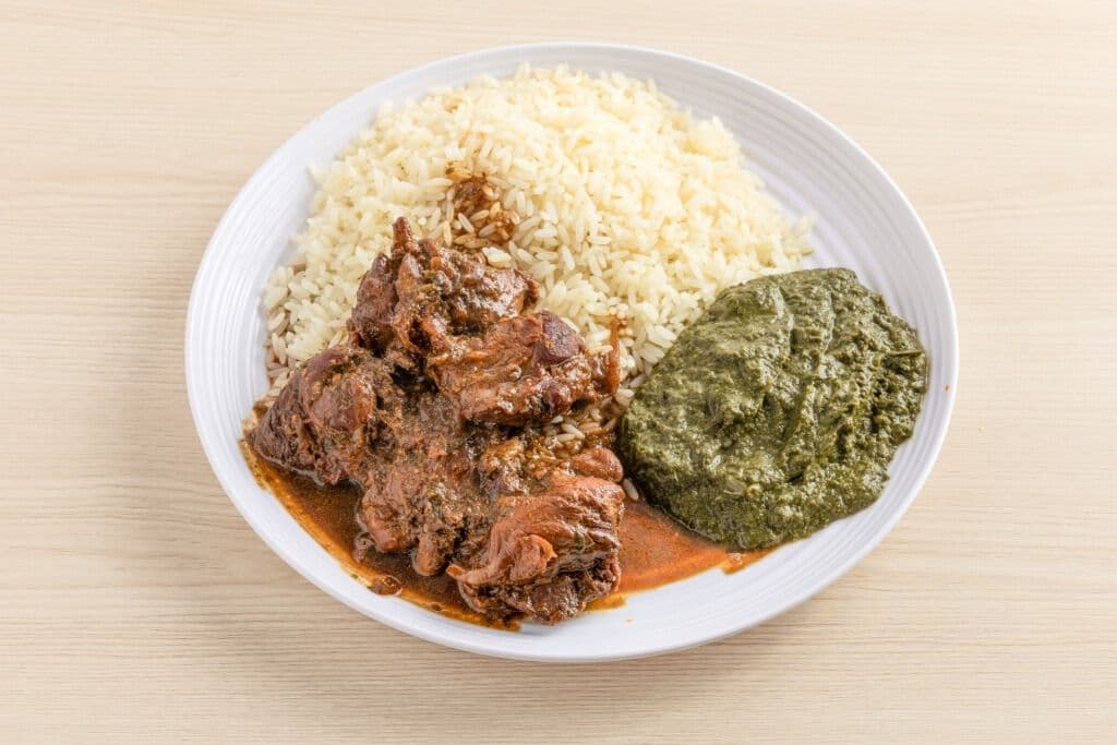 Callaloo, Rice and Stew Chicken