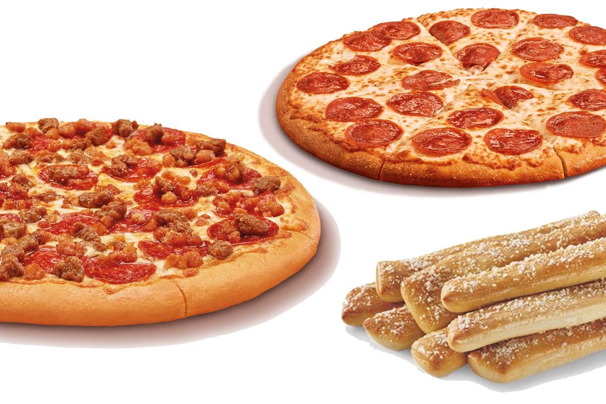 Classic Pepperoni Pizza, Three Meat Treat Pizza, and Crazy Bread