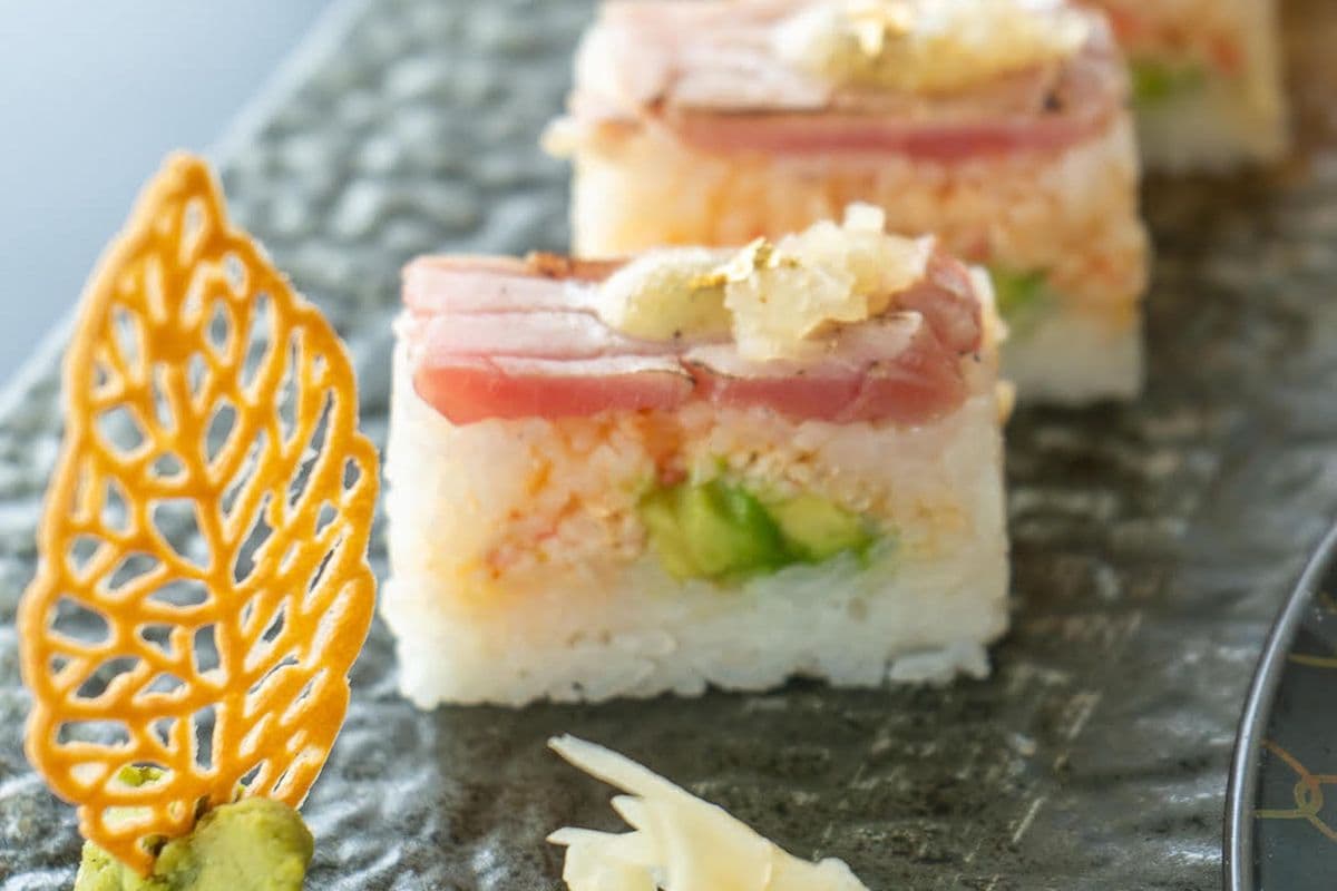 Tuna Oshi Sushi with 24K Gold Flakes