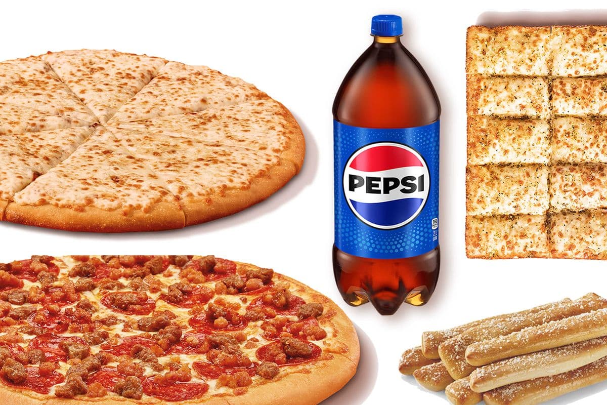 Classic Cheese Pizza, Three Meat Treat Pizza, Crazy Bread, Italian Cheese Bread, and Pepsi® (2L)