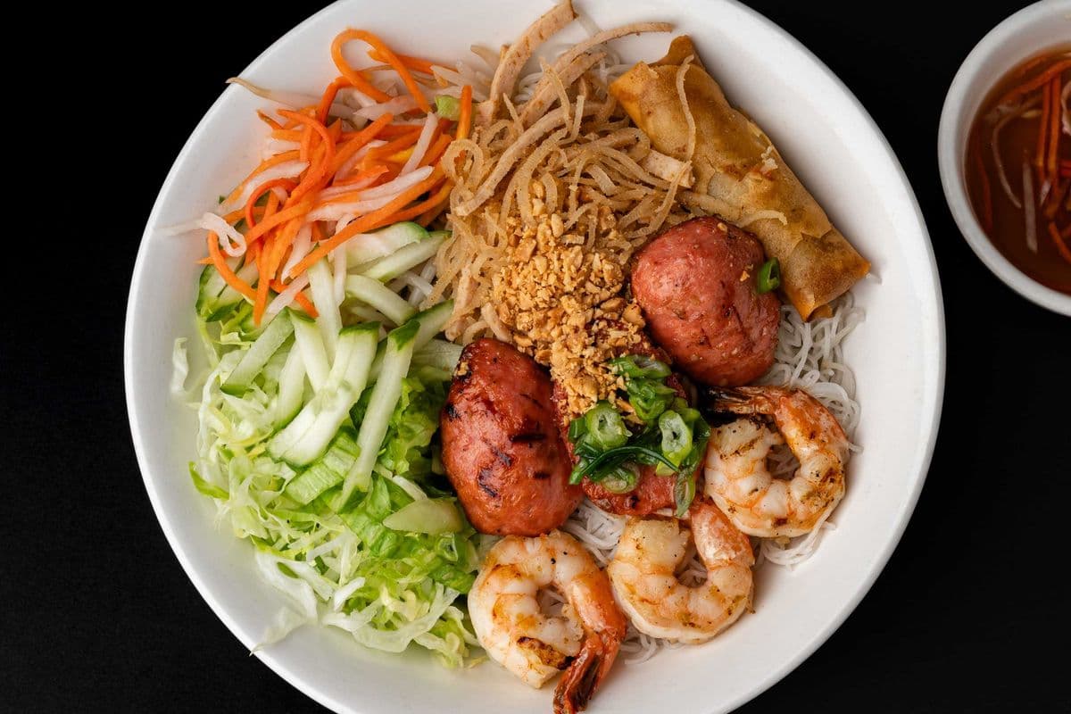 37. Shredded Pork, Shrimp, Grilled Vietnamese Meatballs, and Spring Rolls with Vermicelli