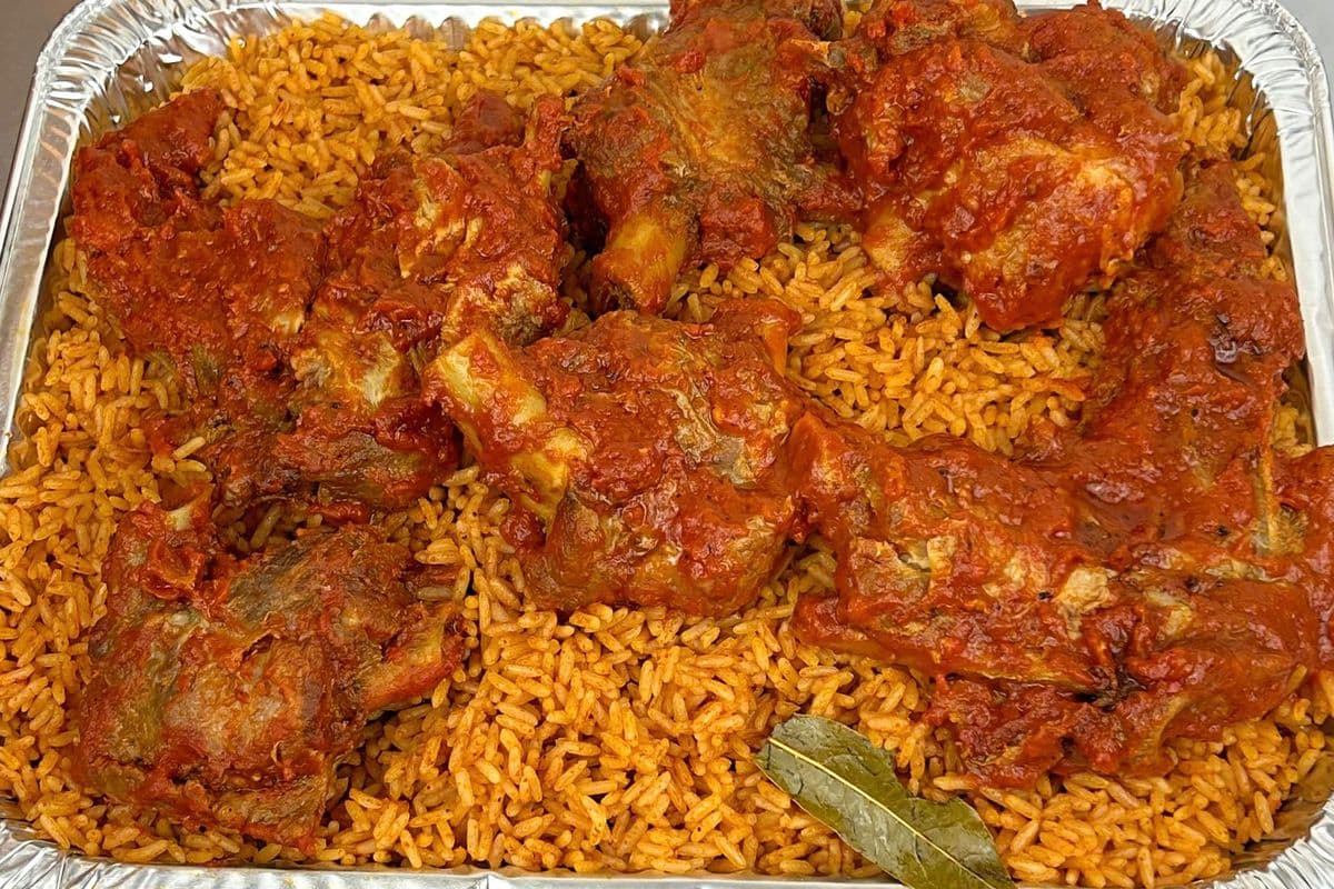Tray of Jollof rice and 6 Peppered turkey