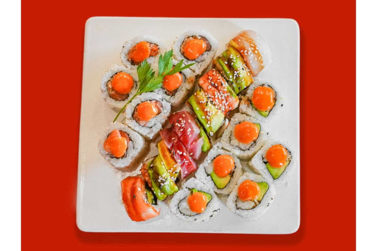 C13. Spicy Salmon Roll, Spicy Avocado and BC Tuna Roll, and Rainbow Roll. (20 pcs)