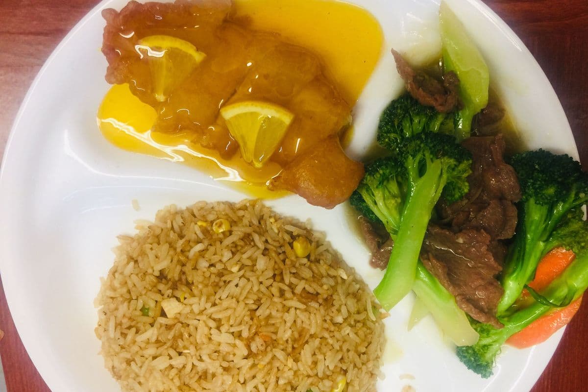Combo No 10. Chicken Fried Rice, Beef Broccoli, and Lemon Chicken