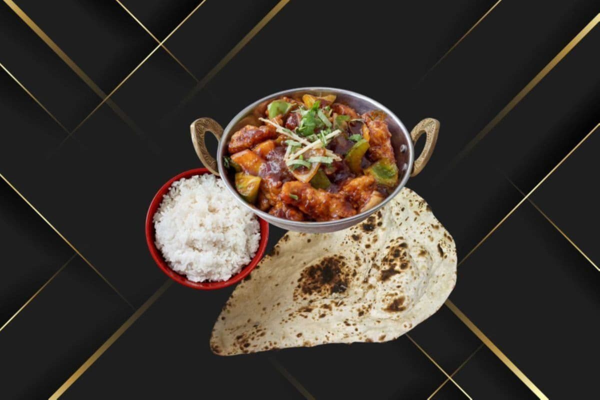 Chilli Chicken, Rice, and One Naan
