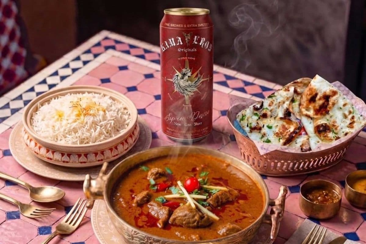 KAMA EROS INDIAN BEER WITH LAMB ROGENJOSH PLAIN RICE GARLIC NAAN