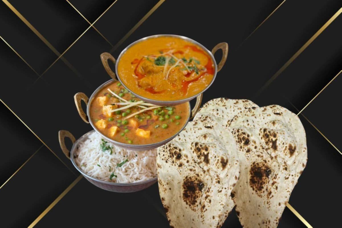 Karahi Paneer, Shahi Paneer, Rice, and Three Pieces of Naan