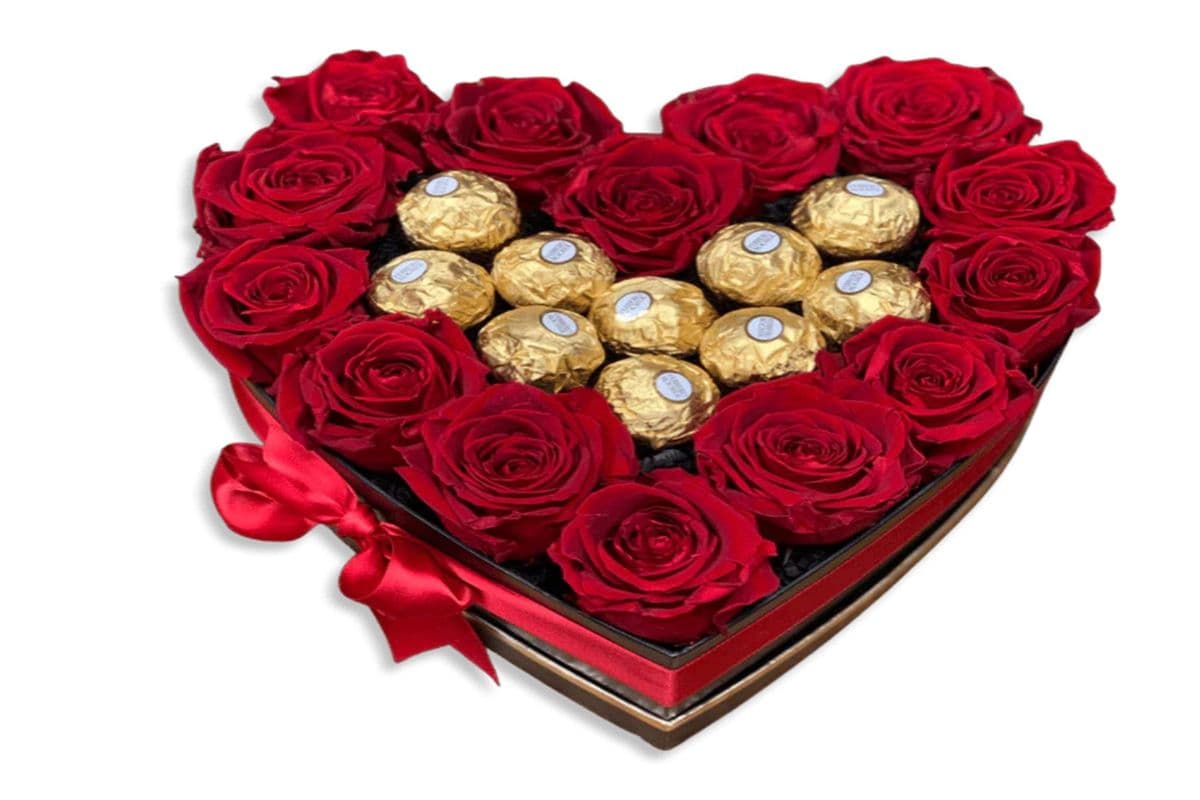 Small Heart Shaped Box with Roses and Chocolates