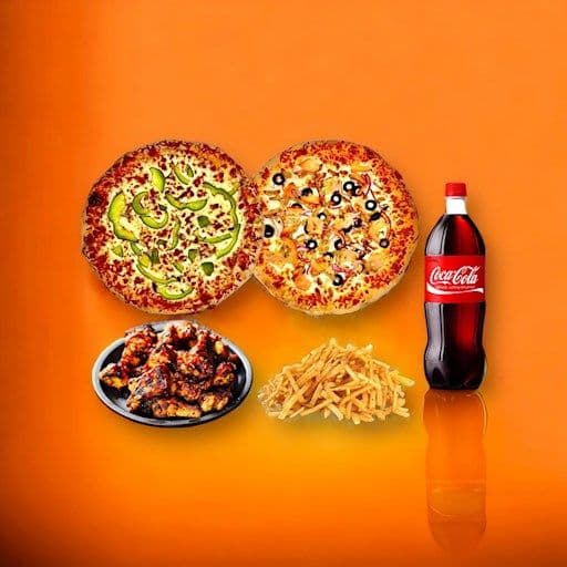 Méga promotion 1: Inclus 2 pizzas 12 po (3 ingrédients au choix), 10 ailes de poulet, 1 moyenne frite, et 1 liqueur 2L