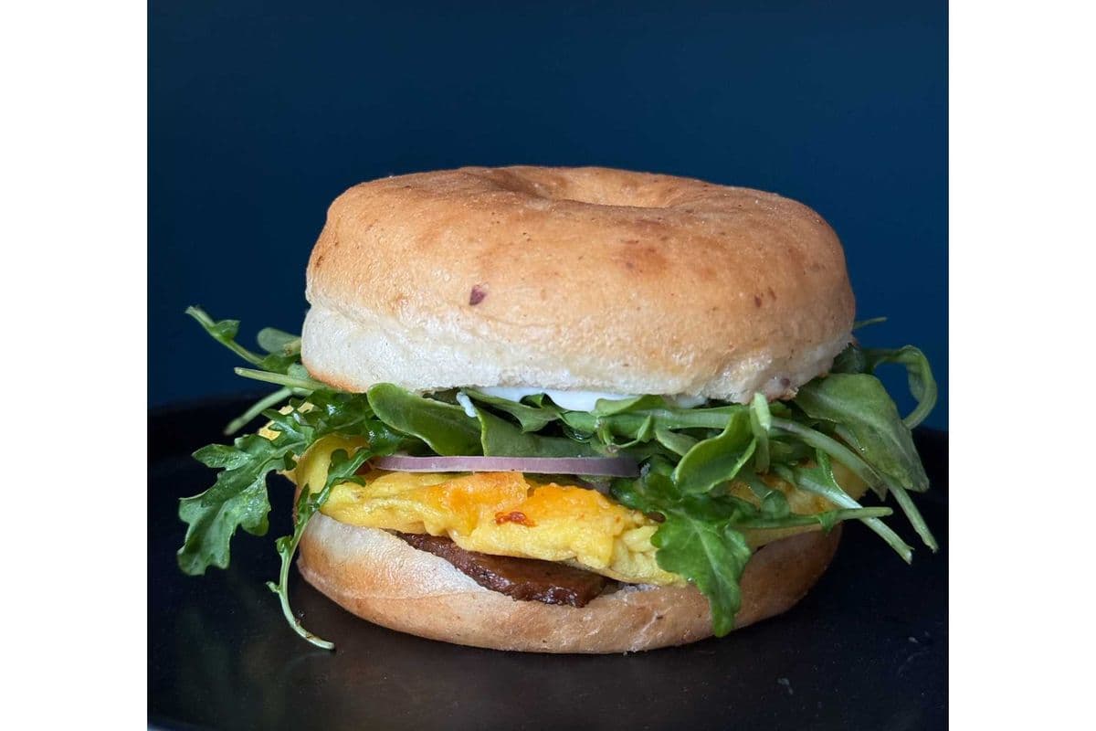 Vegan fried Just Egg doughnut sandwich