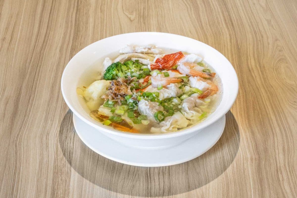 42. Wonton, Vegetables, Shrimp, Crab Sticks, and Chicken Soup