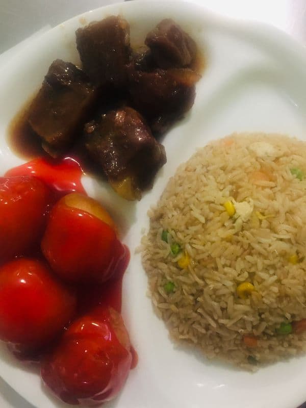 Combo No 12. Honey Garlic Ribs(Pork ribs )Chicken Balls (4pc), Chicken Fried Rice