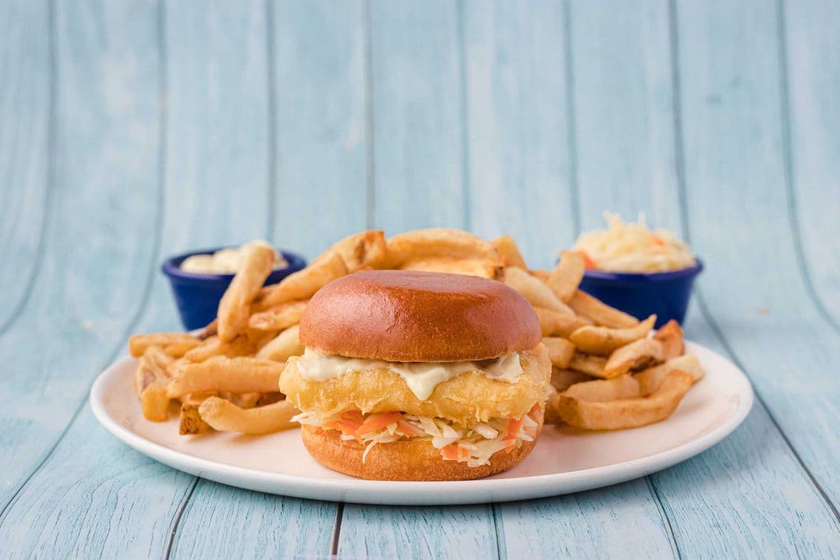Halibut Fish Burger and Chips