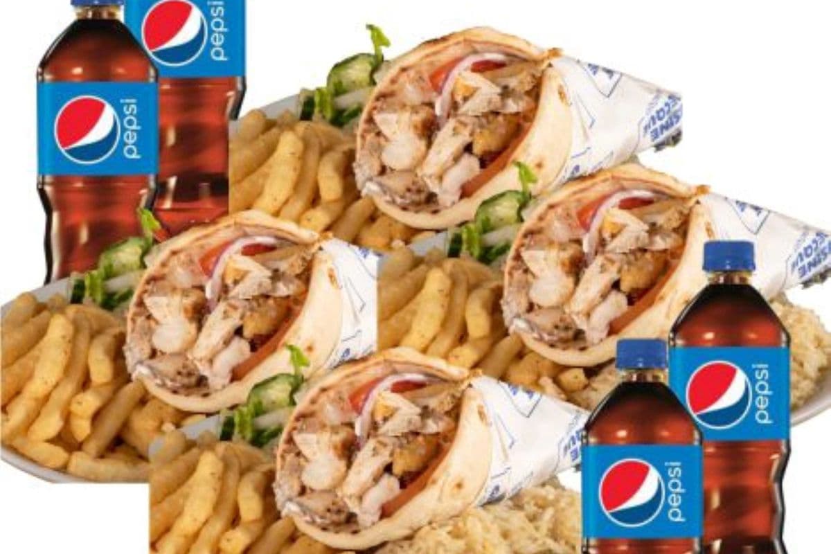 Four Chicken Gyro Pita Plates (One Pita) and Four Drinks