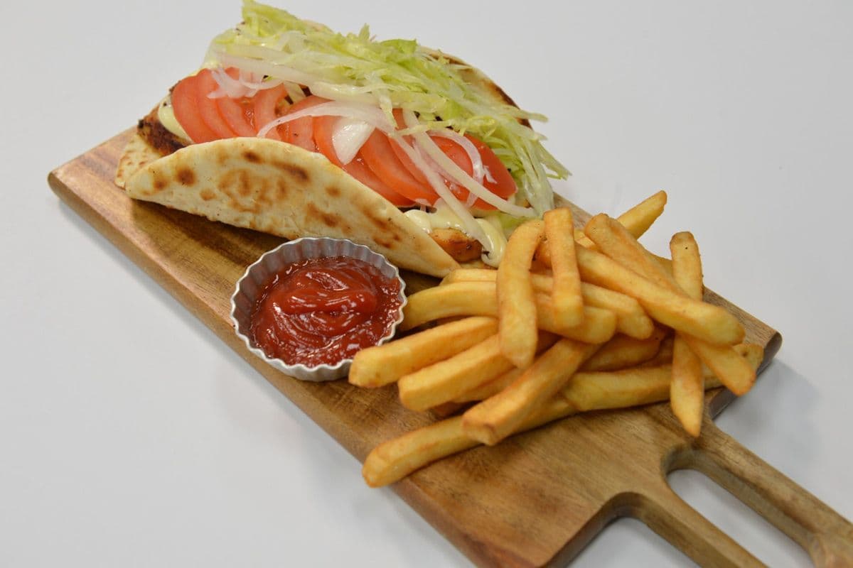Pita and Fries or Onion Rings and Pop