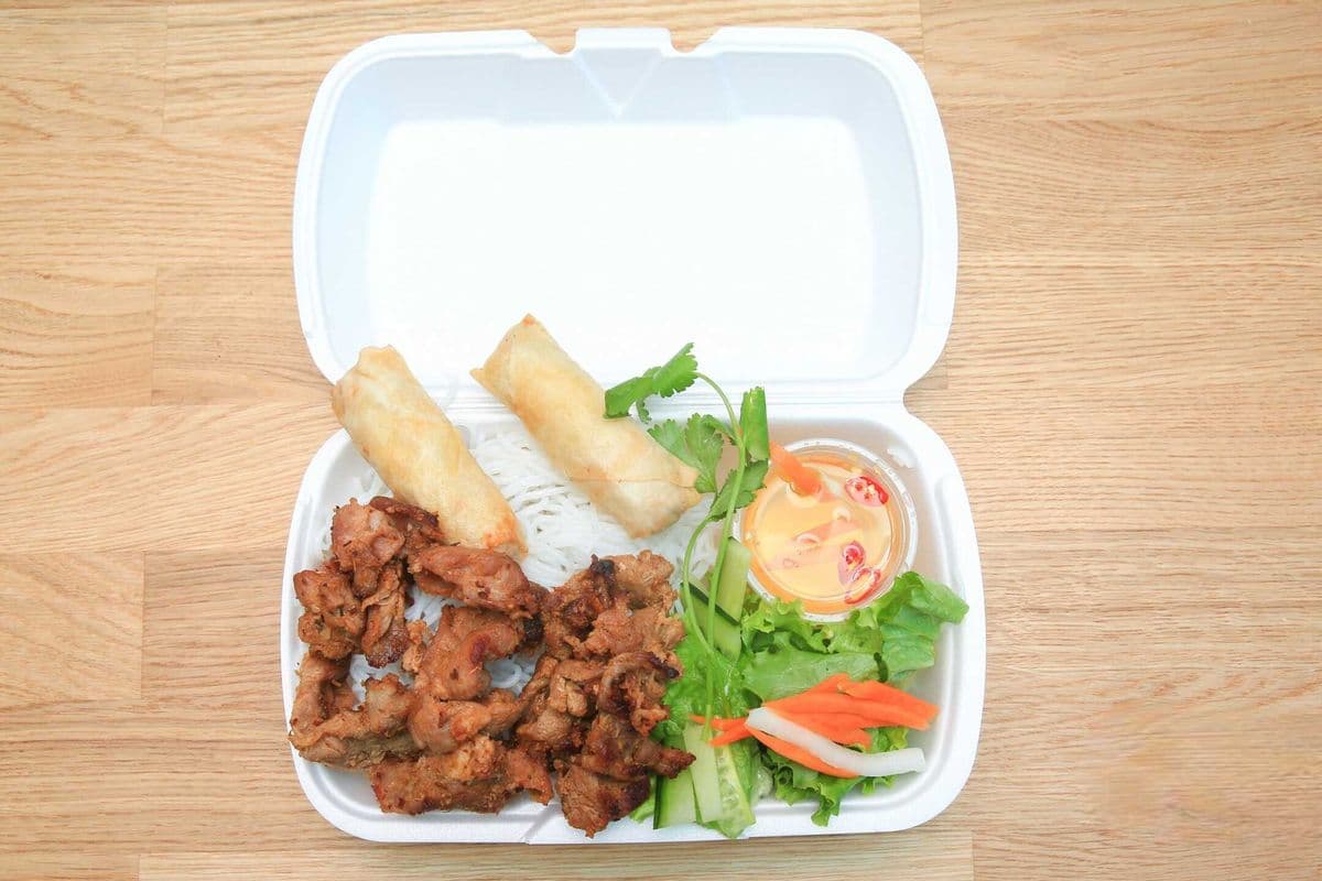 19. Vermicelli with Grill Pork or Grill Chicken or Grill Beef and Egg Rolls - Bún Thịt Chả Giò