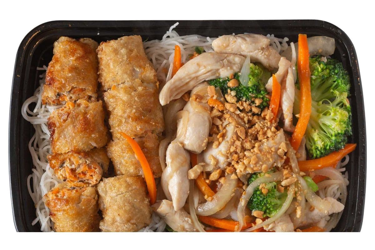 66. Stir-Fried Shrimp and Chicken with Two Spring Rolls on Vermicelli Noodles