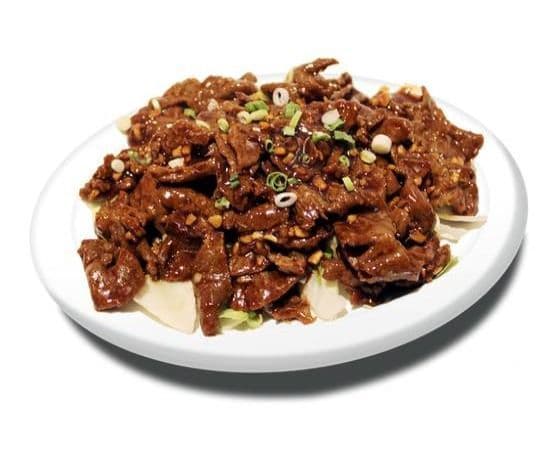 48. Bœuf avec sauce à l'ail épicée dans riz / Beef with hot Garlic Sauce in rice / 蒜蓉牛