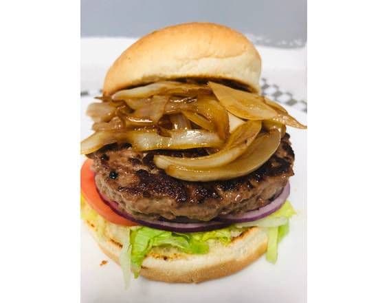 Caramelized Onion Cheeseburger with fries