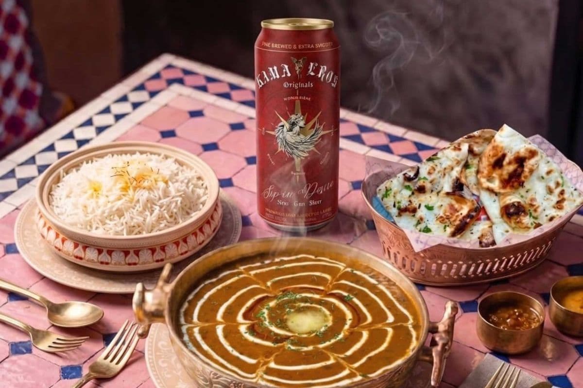 KAMA EROS INDIAN BEER WITH DAAL MAKHANI PLAIN BASMATI RICE GARLIC NAAN