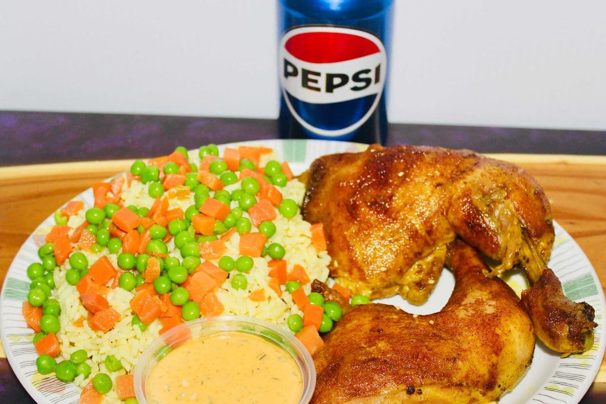2x Chicken Leg quarters, Fried Rice, a can of pop