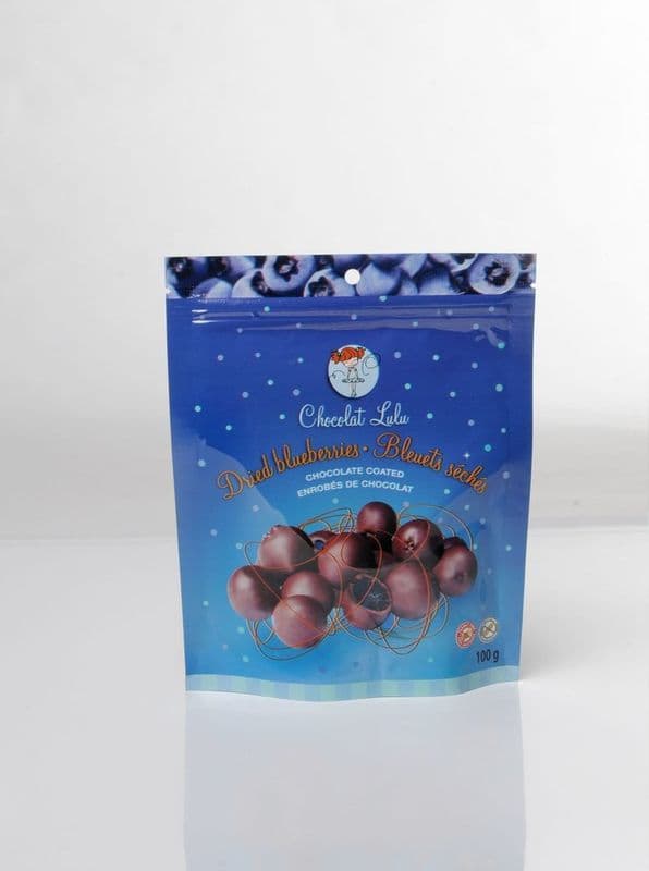 Bleuets séchés enrobés de chocolat noir / Dried Blueberries Coated with Dark Chocolate (100g)