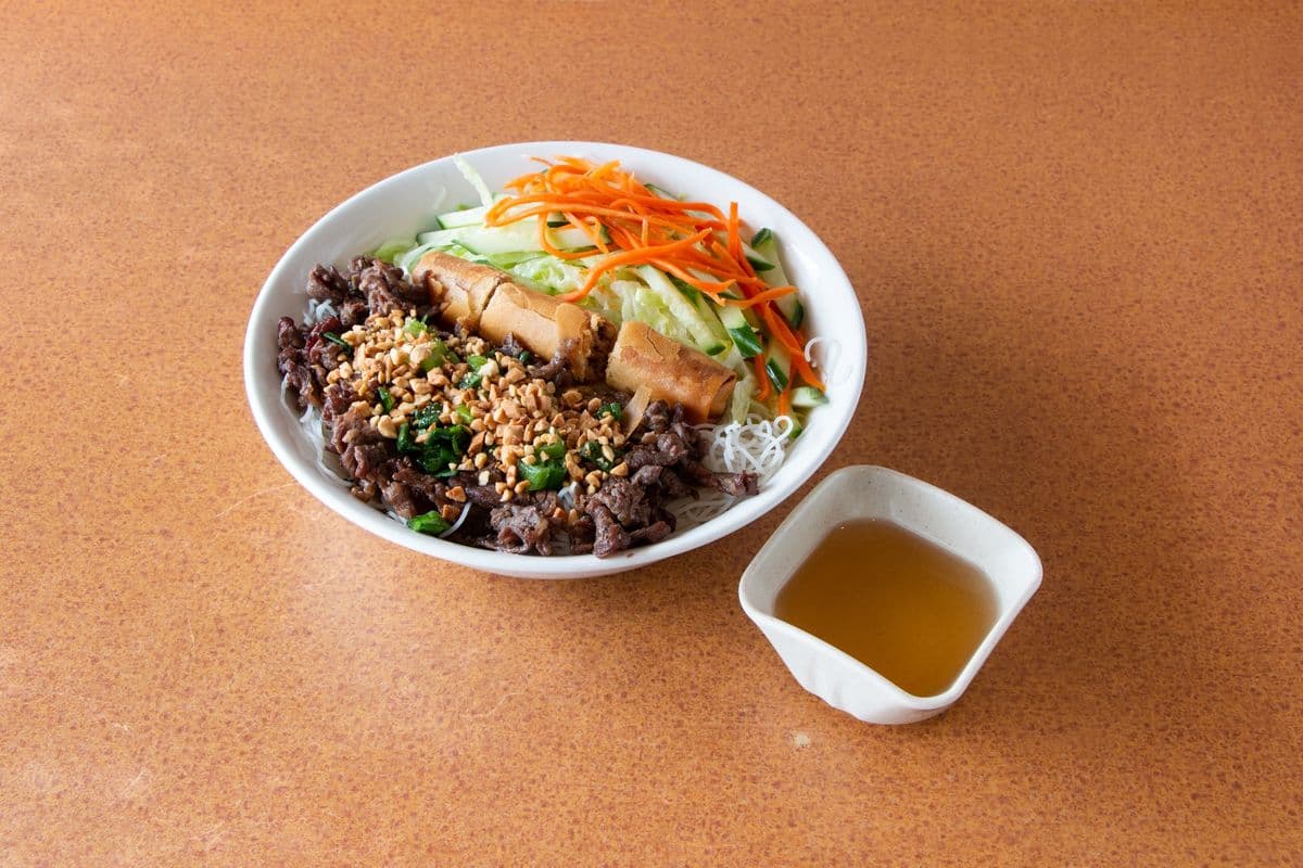 B84. Grilled Beef and Spring Rolls with Vermicelli - Bun Bo Nuong, Cha Gio