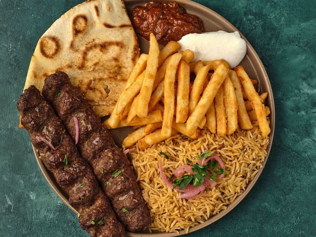 Kebab Plate with Rice and Fries