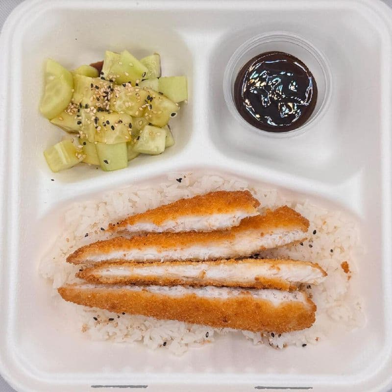 Lunch: Breaded Fish with Rice and Salad + Pop