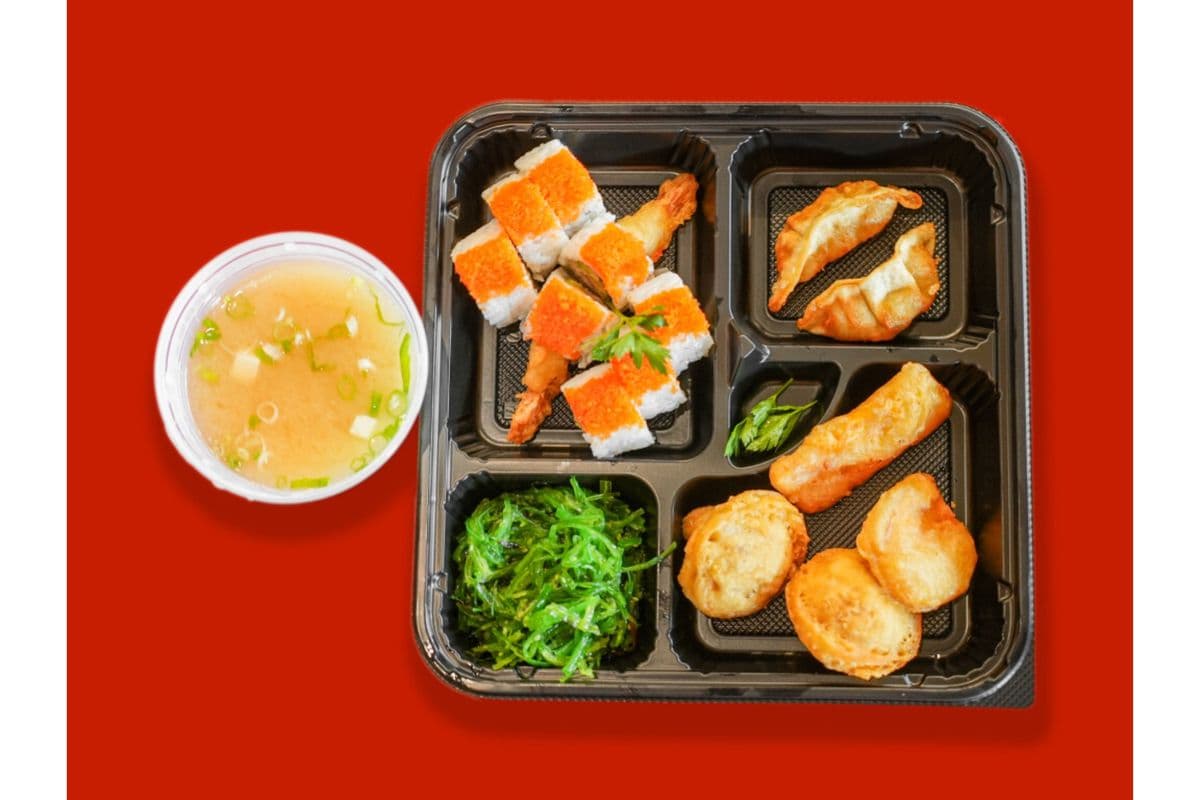 02 Dynamite Roll (6pcs), Chicken Gyoza (2pcs), Yam Tempura (2pcs), and Mushroom Tempura (2pcs)