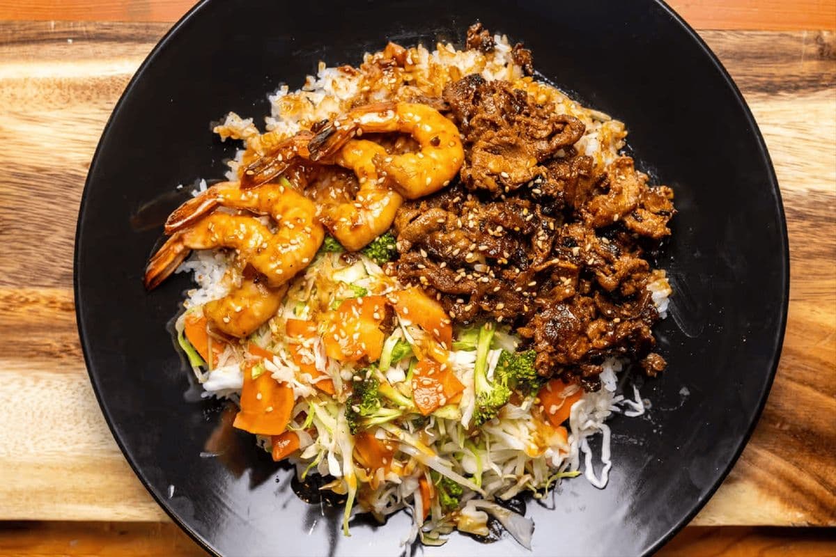 Teriyaki Pork, Prawns (Headless & Peeled), Rice, and Vegetables