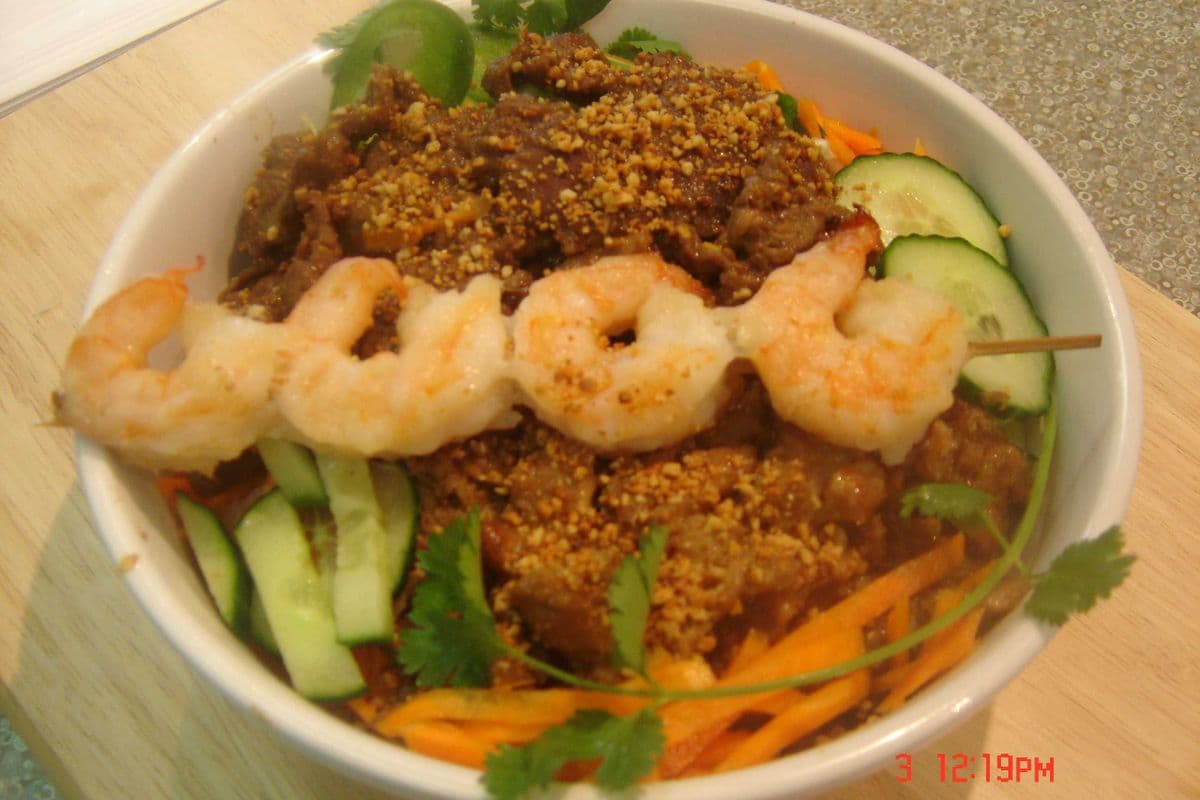 Saigon B with Sate Beef, Lemongrass Chicken, and Shrimp Skewer