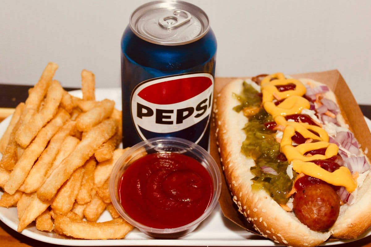 Cheese Smoky sausage, Fries, and a can of pop
