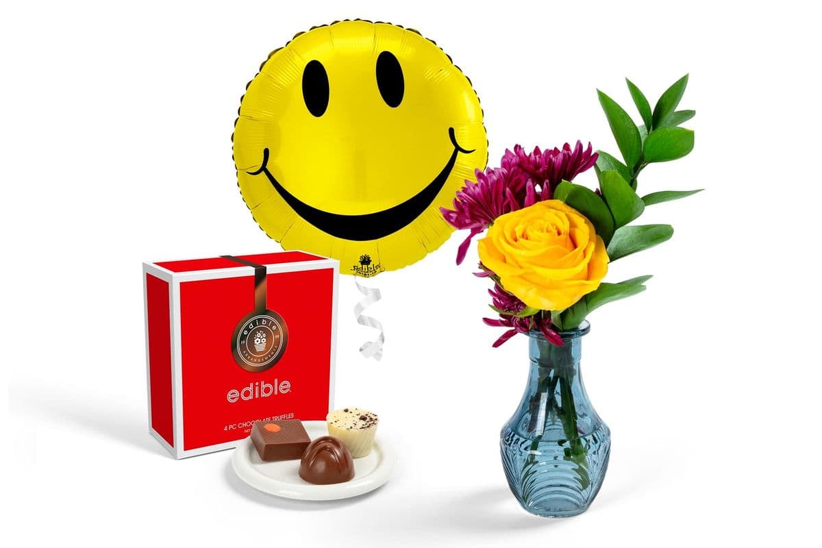 Cadeau Mini Bouquet, Truffes et Ballons / Mini Bouquet, Truffles, & Balloon Gift Set
