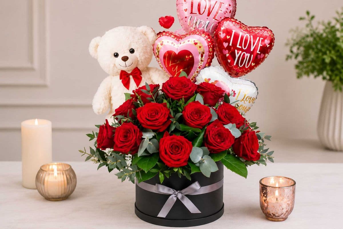 12 Red Roses, 3 "I Love You" Balloons & Teddy Bear