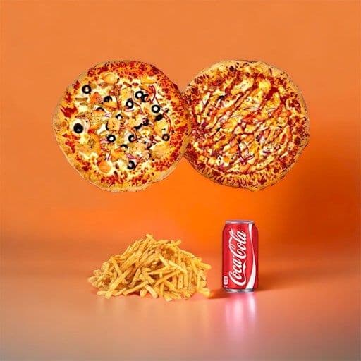 Promotion 5: Inclus 2 pizzas 8 po (choix de 3 ingrédients), 1 petite frite, et 1 breuvage