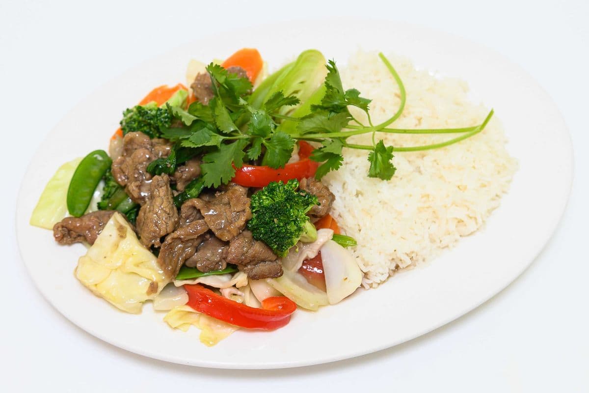 80. Stir Fried Beef and Vegetables on Steamed Rice