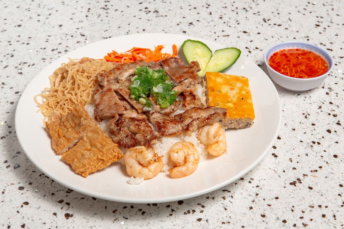 54. Shredded Pork, Baked Egg, Shrimp Paste in Bean Curd Skin, Pork, and Shrimp on Broken Rice