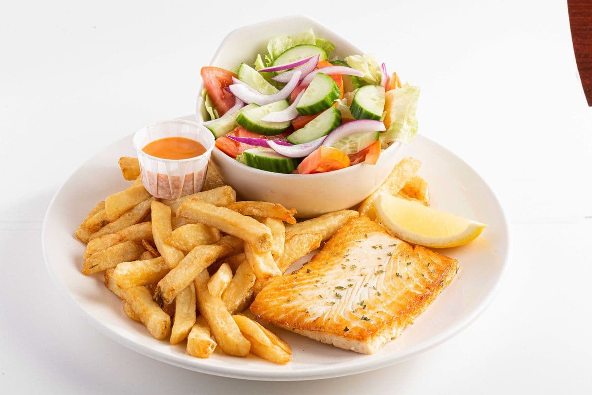 Grilled Halibut, Chips, and Garden Salad