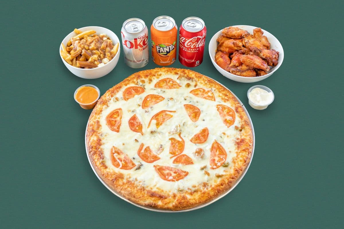 Large Three-Topping Pizza, Wings or Poutine, Pop and Dips