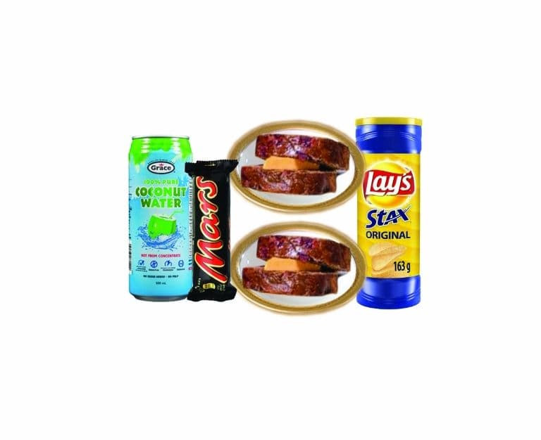 Two Jamaican Bun and Cheese - Mars Bar - Potato Chips And Coconut Water
